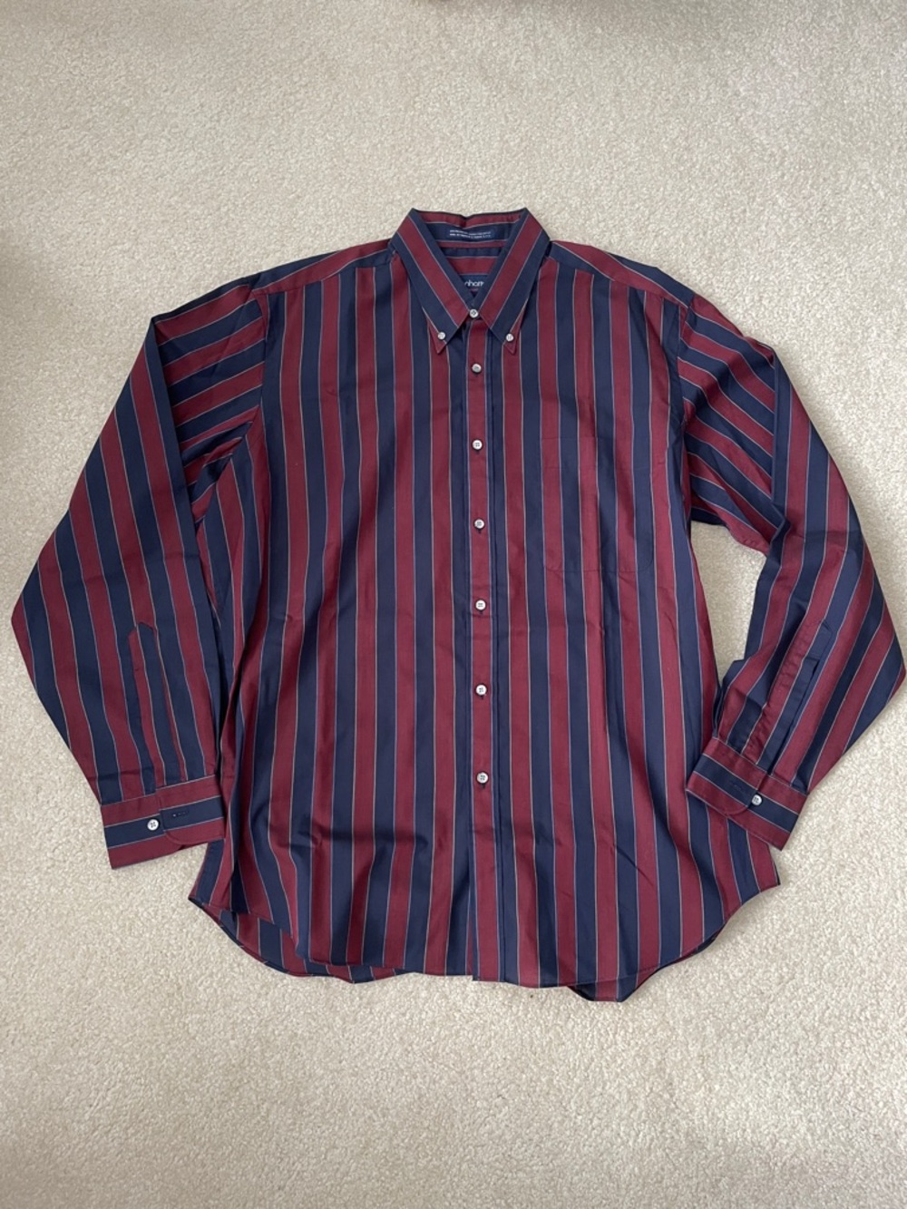 Vintage Manhattan Sport Dress Shirt Men’s Large Striped Burgundy Navy Blue